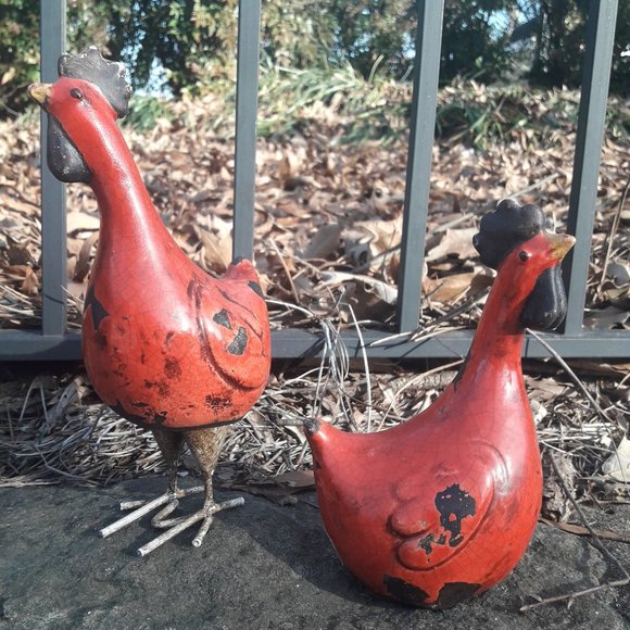 Chickens Rooster Bird Figurines Set of 2 Glazed Pottery Clay Crackled Vintage - Picture 16 of 17
